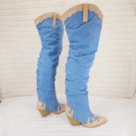 Western Denim OTK Thigh High Slouch Cowboy Boots - Picture 1 of 11